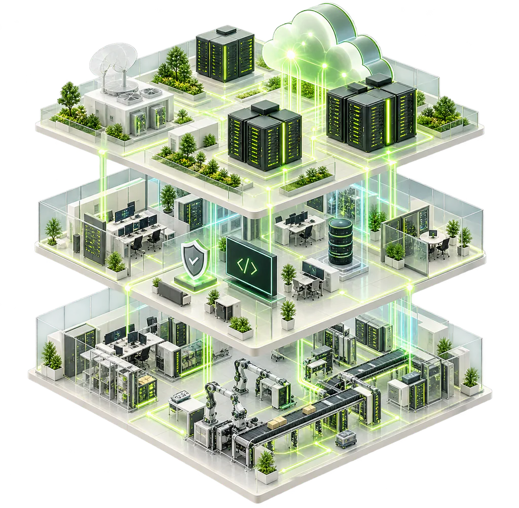 Arquitectura tecnológica en tres niveles: infraestructura y nube, desarrollo y seguridad, y automatización conectadas entre sí.